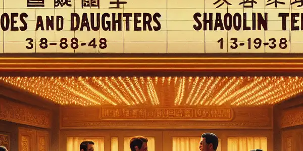 A vintage movie theater showcasing classic Chinese films, with families discussing and traditional architecture adorned with lanterns.