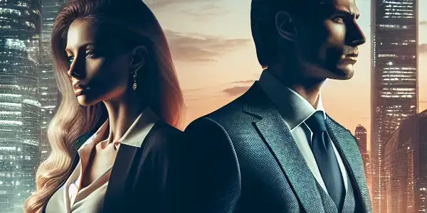 A poised woman and a brooding man share an intense connection amidst a bustling cityscape at dusk.