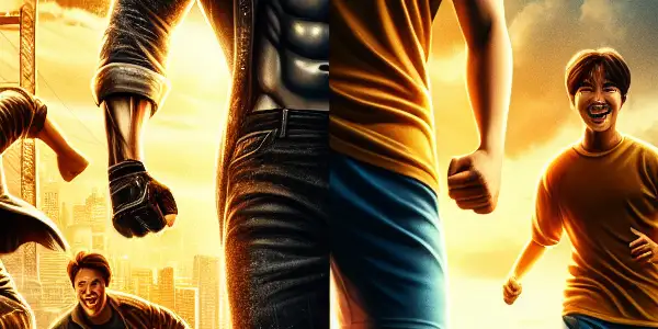 A dynamic movie poster featuring an action-packed urban scene and a heartwarming football practice on a sunny field.