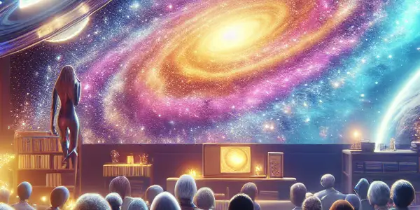 A diverse group enjoying a cozy movie night at home, featuring a sci-fi film on a large screen.