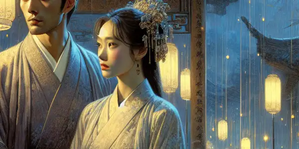 A young couple in a traditional Chinese courtyard, reflecting desire and contemplation under soft lantern light.