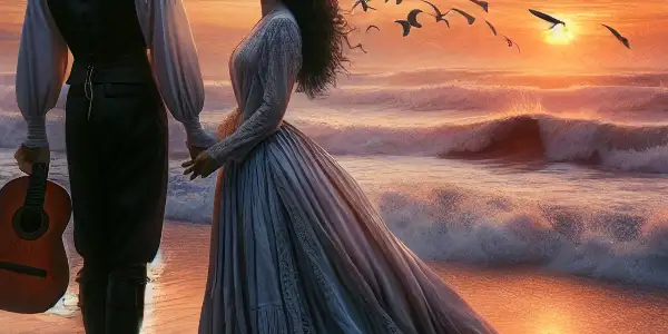 A poignant farewell between a couple on a windswept beach at sunset, evoking love and loss.