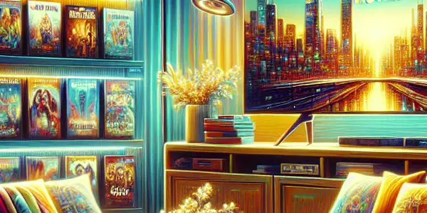 A cozy living room with a large TV, popcorn, and movie memorabilia, capturing the joy of watching films online.