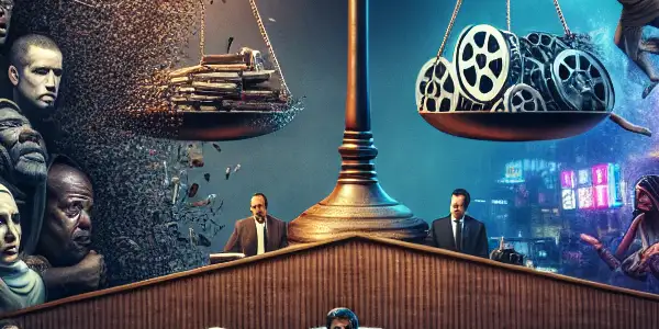 A diverse group of filmmakers debates film ethics in a dimly lit studio, contrasting violence and harmony on a screen.